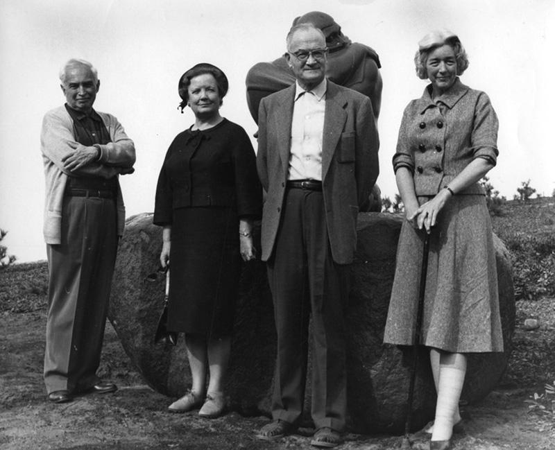 Donal Hord, Cecil and Ida Green, and Judith Munk at occasion to mark donation of Spring Stirring sculpture by the Greens to Scripps.